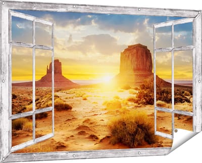 Gards Tuinposter Doorkijk Zonsondergang in Woestijn Monument Valley - 150x100 cm - Tuindoek - Tuindecoratie - Wanddecoratie buiten - Tuinschilderij
