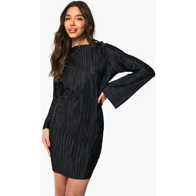 boohoo Dames Plisse Flared lange mouw mini-jurk | Zwart | Maat: 36