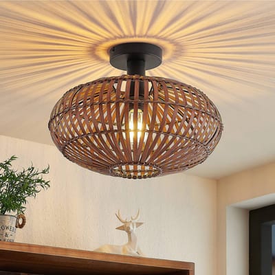 Lindby - plafondlamp hout - 1licht - Bamboe, staal - H: 27.5 cm - E27 - donkerbruin, zwart