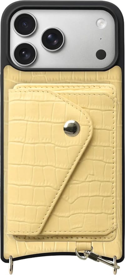 AVY Leren Hoesje Geschikt voor Apple iPhone 17 Pro Max | Met Magnetische Kaarthouder | Compatibel met MagSafe | Leather Case met Wallet | Croco Geel