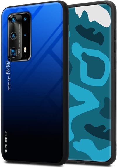 Cadorabo Hoesje geschikt voor Huawei P40 PRO / P40 PRO+ in BLAUW - ZWART - Tweekleurige beschermhoes van TPU-silicone Case Cover en achterzijde van gehard glas