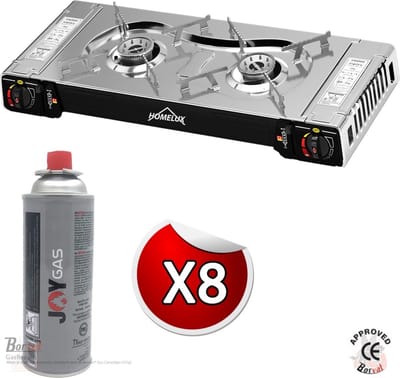 IBBO® - Camping Kookstel 2 Pits - Kooktoestel - Kampeer kookstel - Gasstel - Kookplaat - Elektronische ontsteking - 2 Pits - Twee pits gasfornuis - RVS - Zilver - Inclusief 8 Gasflessen Gratis