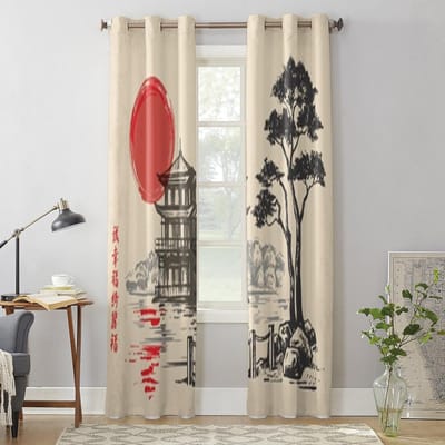 Handgetekende Japanse Schets Raamgordijnen Voor Woonkamer Slaapkamer Luxe Modern Keukengordijnen Stoffen Draperieën 135W x 60H(cm) x1 white