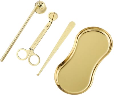 Kaarsengereedschapsset - Roestvrij staal - Oogvormig dienblad - Kaarsendover, lonttrimmer, lontpincet en opbergschaal - Kaarsaccessoires - Goud