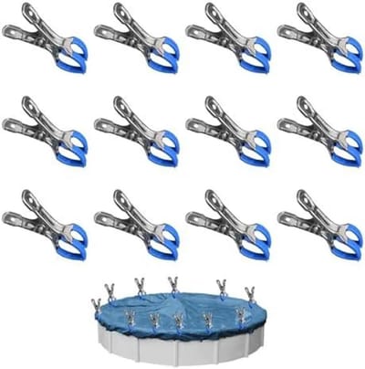 12 metalen klemmen voor zwembadafdekkingen, klemmen met beschermfolie, bodemklemmen voor zwembaden en sterke klemmen van 8,5 cm voor fotografie en kassen.
