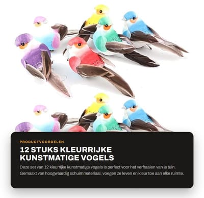 Dailygoods- Kunstmatige Vogel - 12 Stuks - Hoogwaardig Schuimmateriaal - Decoratievogeltjes - Tuin Decoratie - Milieuvriendelijk - Levendige Kleuren
