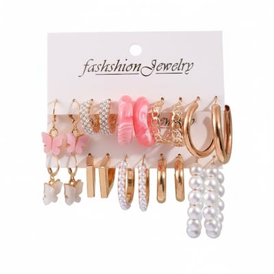 10 Paar Dames oorbellen Set – Mix van Goudkleurige, Parel-look, Acryl en Vlindervormige Oorbellen in Roze en Wit