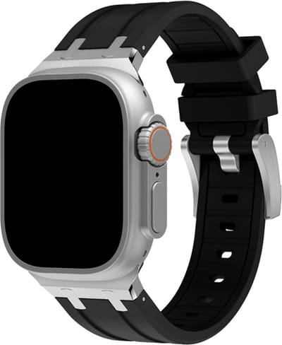 Stravo Heavy Duty Liquid Silicone Rubber Sport bandje Geschikt voor Apple Watch 46mm (Series 10/11), 45mm (Series 7/8/9), 44mm (Series 4/5/6, SE 1/2/3), 42mm (Series 1/2/3), 49mm (Ultra 1/2/3) - Rubber Siliconen Horlogebandje - Zilver/zwart