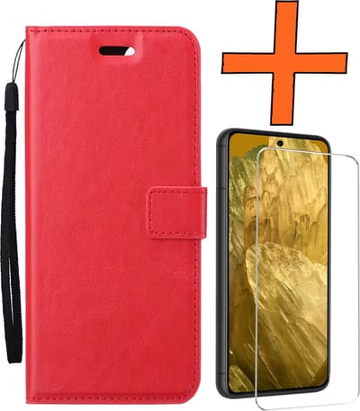 Hoes - Met Screenprotector - Geschikt voor Google Pixel 8a - Luxe Pasjeshouder - Bookcase Portemonee - Flip Case - Kunstleer Book Case - Flipcase - Book Cover - Walletcase - PortemonneeHoes - Rood