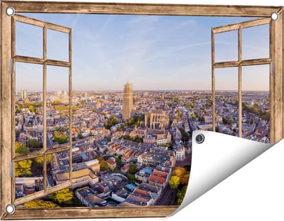 Gards Tuinposter Doorkijk Utrecht vanuit de Lucht - 60x40 cm - Tuindoek - Tuindecoratie - Wanddecoratie buiten - Tuinschilderij