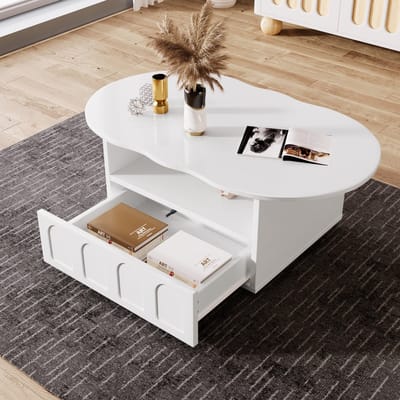 STILVORA Salontafel - Wolkenvormig Ontwerp Met Lade En Open Vak - Schuiflade Met Druk-Open Mechanisme Voor Woonkamer - Spaanplaat - 100x60x40,5 cm - Wit