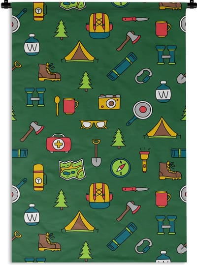 Wandkleed - Wanddoek - Kamperen - Tent - Bijl - Backpack - 60x90 cm - Wandtapijt