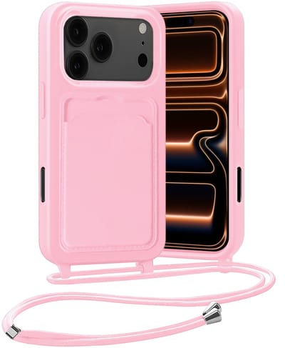 Hoesje Geschikt voor iPhone 17 Pro / 18 Pro Hoesje Met Telefoonketting Pasjeshouder Case Koord - Hoesje Geschikt voor iPhone 17 Pro / 18 Pro Hoes Met Kaarthouder - Lichtroze