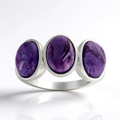 Cavill - Zilveren Ring met Drie Ovale Charoiet Cabochons - 3,75 Ct - 925 Sterling Zilver Rhodium - Elegante Russisch Charoiet Sieraden voor Dames