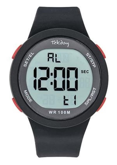 Tekday-Digitaal-Alarm-Timer-Chrono-EL-Datum-10ATM-Zwarte silicone band-45MM