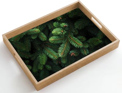 Dienblad hout 50x35 cm - Schootdienblad - Sparrentakken - Knoppen - Naalden - Groen - Borrelplank rechthoek - Plateau dienbladen