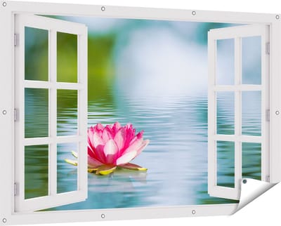 Gards Tuinposter Doorkijk Roze Lotusbloem op het Water - 150x100 cm - Tuindoek - Tuindecoratie - Wanddecoratie buiten - Tuinschilderij