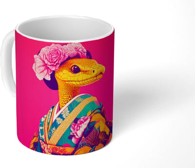 Mok - Koffiemok - Hagedis - Bloemen - Roze - Kimono - Mokken - 350 ML - Beker - Koffiemokken - Theemok