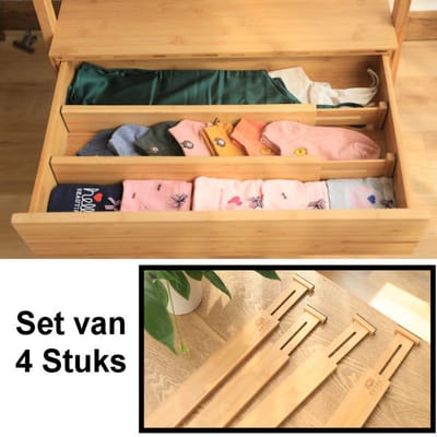 Set van 4 Stuks Ladeverdelers Uitschuifbaar van 45 -> 56.5 Cm - Bamboe Lade bestek Organizer - Keuken la - Bestekbak