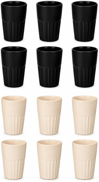 Vessia Design koffiemokken set - 12x - zwart/beige - zonder oor - keramiek - 300 ml