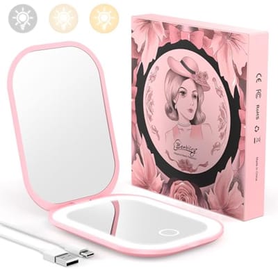 Compacte verlichte reisspiegel met 3 kleuren lichten, 1X/3X vergroting, oplaadbare handheld opvouwbare zakspiegel - lichtroze