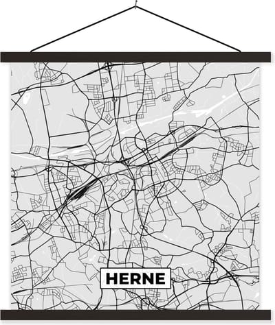 Posterhanger incl. Poster 60x60 cm - Schoolplaat - Plattegrond - Kaart - Stadskaart - Duitsland - Herne - Textielposter - Zwarte latten - Stadskaart