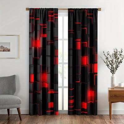 2 stuks Mode Zwart En Rood Ruitpatroon Gordijnen, Tunnelzakken Raambekleding Geschikt Voor Woonkamer Slaapkamer Rood Ruitgordijn 150x166cm black