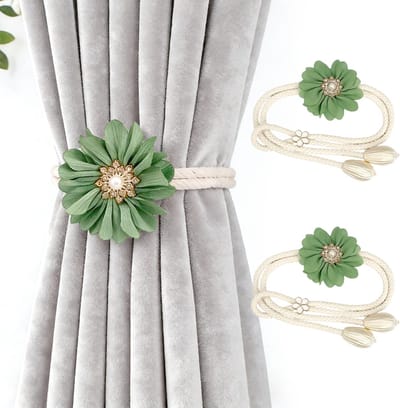 VHV - Gordijnclips - Gordijnophouders - Gordijn accessoires - Set van 2 - 3D bloemen - Verstelbaar - Decoratief - Voor woonkamer en slaapkamer - Matcha-groen