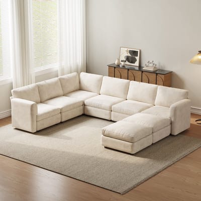 Guyii Modern Modulaire Hoekbank 8-Zits met 2 Ottomans en Opbergruimte – Grote U-Bank 321 cm – Beige