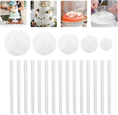 Cake Plates en Cake Layer Supports voor Gelaagde Taarten - 5 Cake Bases (9/12/16/20/26cm) en 15 Herbruikbare Cake Plugs voor Feestelijke Decoratie