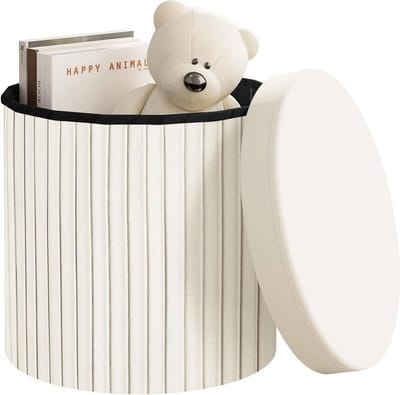 BukkitBow - Ronde Compacte Opbergpoef – Poef / Zitkist met Deskel - Opvouwbare Poef - Voetenbank met Opbergruimte - 38x38x36 cm - Crème / Wit