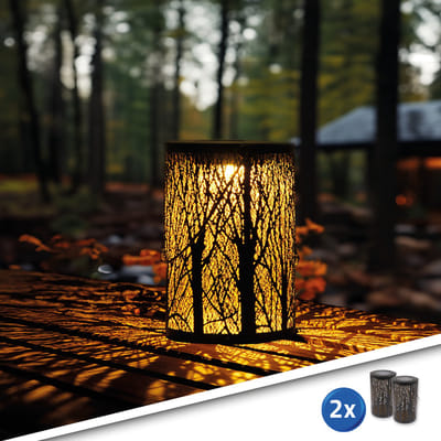 Solar tuinverlichting lantaarn 'Ember' - Set van 2 - Tafel- en hanglamp in 1 - Bijzonder lichteffect - Warm wit licht (3000K) - 20 lumen - IP44 - Buitenlamp op zonne-energie - Metaal