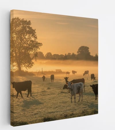 Saammp Canvas Schilderij - Groep koeien in de mist met zonsondergang - Nederland - Dieren - 20x20 - Foto op canvas - Wanddecoratie - Muurdecoratie Woonkamer - Slaapkamer decoratie - Canvas Print