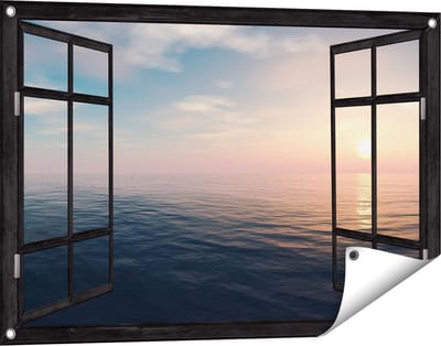 Gards Tuinposter Doorkijk Zee Water tijdens Zonsondergang - 90x60 cm - Tuindoek - Tuindecoratie - Wanddecoratie buiten - Tuinschilderij