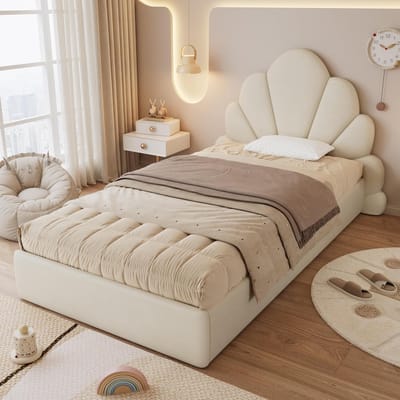 Gestoffeerd Bed - Eenpersoons Bed - Slaapcomfort - Bloemblad Hoofdeinde - 90x200 cm - Beige