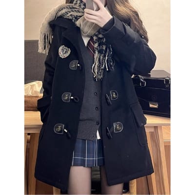 Manteau Bouton Corne Vent Collège Manteau Manteau Long Automne et Hiver Laine Noire XL noir