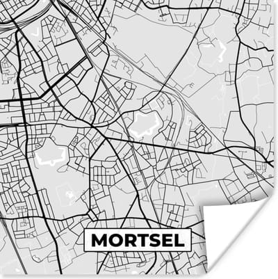 Poster Stadskaart – Zwart Wit - Kaart – Mortsel – België – Plattegrond - 100x100 cm XXL
