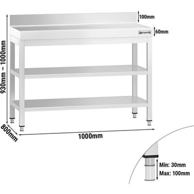 GGM Gastro Edelstahl Arbeitstisch PREMIUM - 1000x800mm - mit Grundboden, Aufkantung & Zwischenboden Zilver