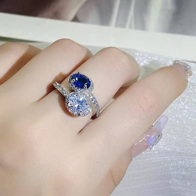 Ovale Tweekleurige Stiksels Witte Saffier Ringen Voor Vrouwen Drop Ring Luxe Noble S925 Sterling Zilveren Opening Verstelbare Resizable