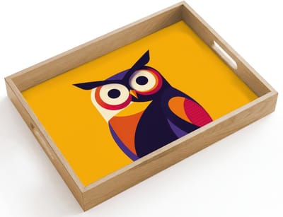 Dienblad hout 40x30 cm - Schootdienblad - Uil - Grafisch - Kleurrijk - Ogen - Borrelplank rechthoek - Plateau dienbladen