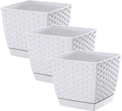 Prosperplast Plantenpot/bloempot - 3x - rotan kunststof - 14.5 x 14.5 cm - parel wit