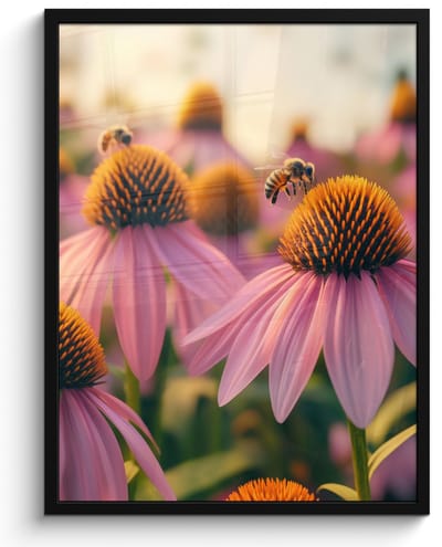 Poster in lijst - Fotolijst 50x70 cm - Posters - Bloemen - Paars - Bijen - Posterlijst zwart - Decoratie - Wanddecoratie woonkamer - Muurdecoratie slaapkamer