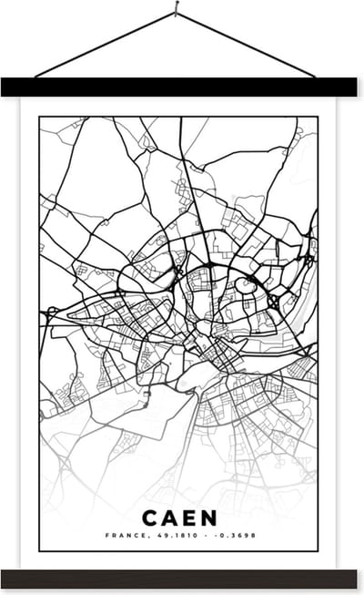 Posterhanger incl. Poster 40x60 cm - Schoolplaat - Kaart - Caen - Stadskaart - Frankrijk - Plattegrond - Zwart wit - Textielposter - Zwarte latten - Stadskaart