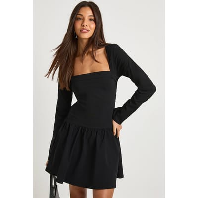 boohoo Dames Mini-jurk met vierkante hals en lange mouwen in skaterstijl | Zwart | Maat: 42