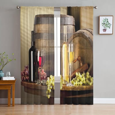 Verre à Vin Tonneau à Fruits Rideaux Voilages pour Décoration de Salon Rideaux de Fenêtre pour Cuisine Rideaux en Tulle Voile Organza W135 x H115cm x1 black