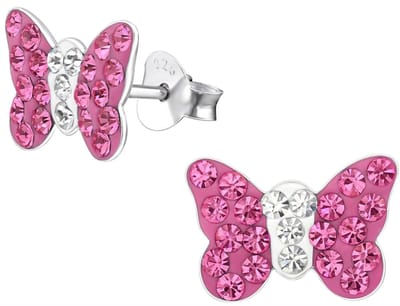 Joy|S - Zilveren vlinder oorbellen - 12 x 8 mm - kristal roze wit - oorknoppen