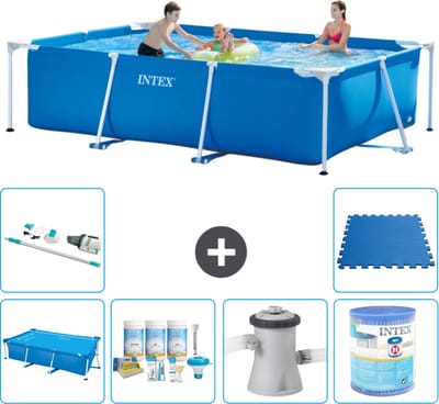 Intex Rechthoekig Frame Zwembad - 300 x 200 x 75 cm - Blauw - Inclusief Solarzeil - Onderhoudspakket - Zwembadfilterpomp - Filter - Stofzuiger - Vloertegels - 7-delig