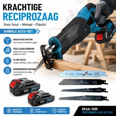 Accu Reciprozaag / Sabelzaag / Slijtzaag – 18V 3000mAh (2x Accu + Sneloplader) – Met 4 Zaagbladen – Koolborstelmotor – Gereedschapsloze Zaagbladwissel – Voor Sloop, Sanitair, Tuin, Hout & Metaal – Draadloze Zaagmachine