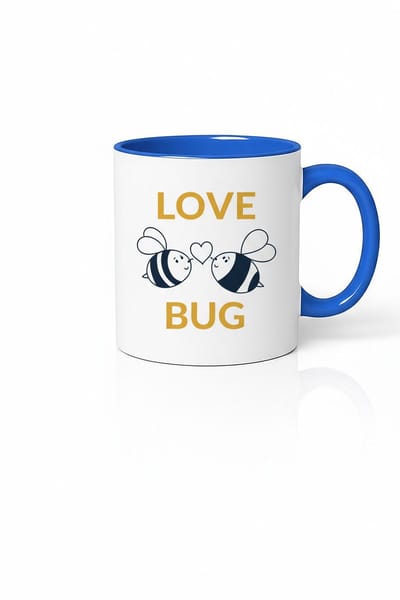 Mok 'Love Bug' met Schattige Bijen en Hartje | Romantisch Cadeau | Blauw Wit Keramiek