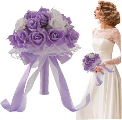 Bruidsboeket Kunstbloemen - Bruiloft Decoratie - Huwelijksceremonie - Rustiek Elegant Design - 20x25 cm - Paars